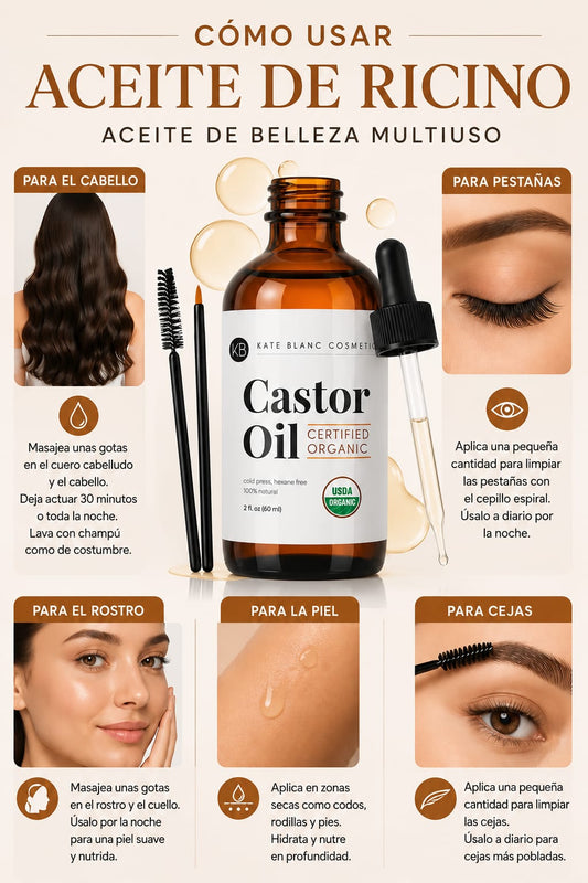 ACEITE RICINO - Orgánico Premium 100% Puro, Prensado en Frío para Cabello, Pestañas, Cejas y Piel, Estreñimiento